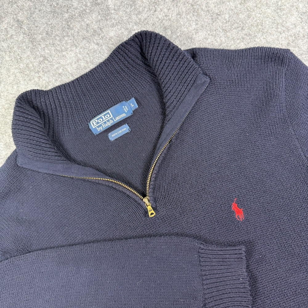 Vintage Polo Ralph Lauren Sweater Mens L Navy Blue Quarter Zip Cotton Knit Slim